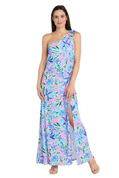 Pink Green One-Shoulder Floral Maxi Dress with One Shoulder and Slit Detail by R&M Richards 4069