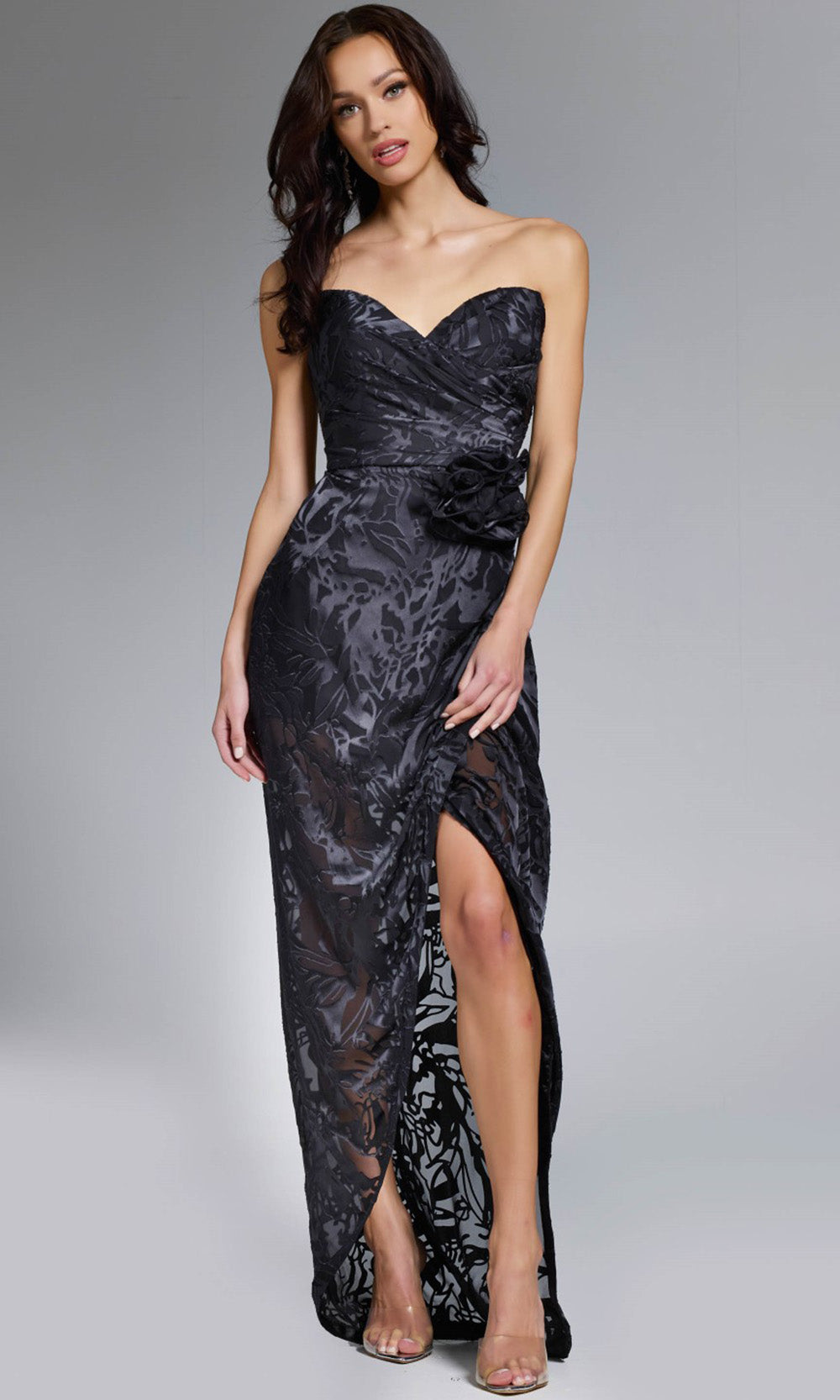 Jovani Floral Applique Slit Sheath Gown