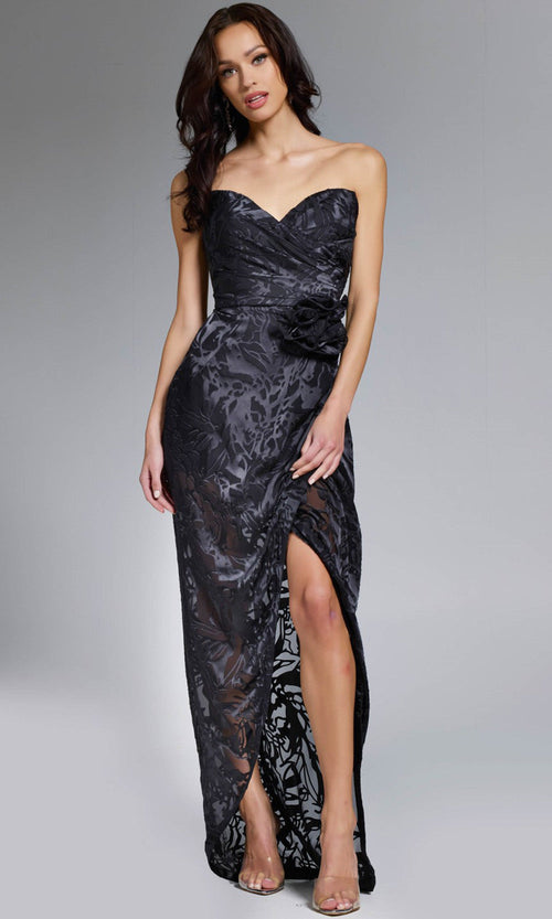 Jovani Floral Applique Slit Sheath Gown