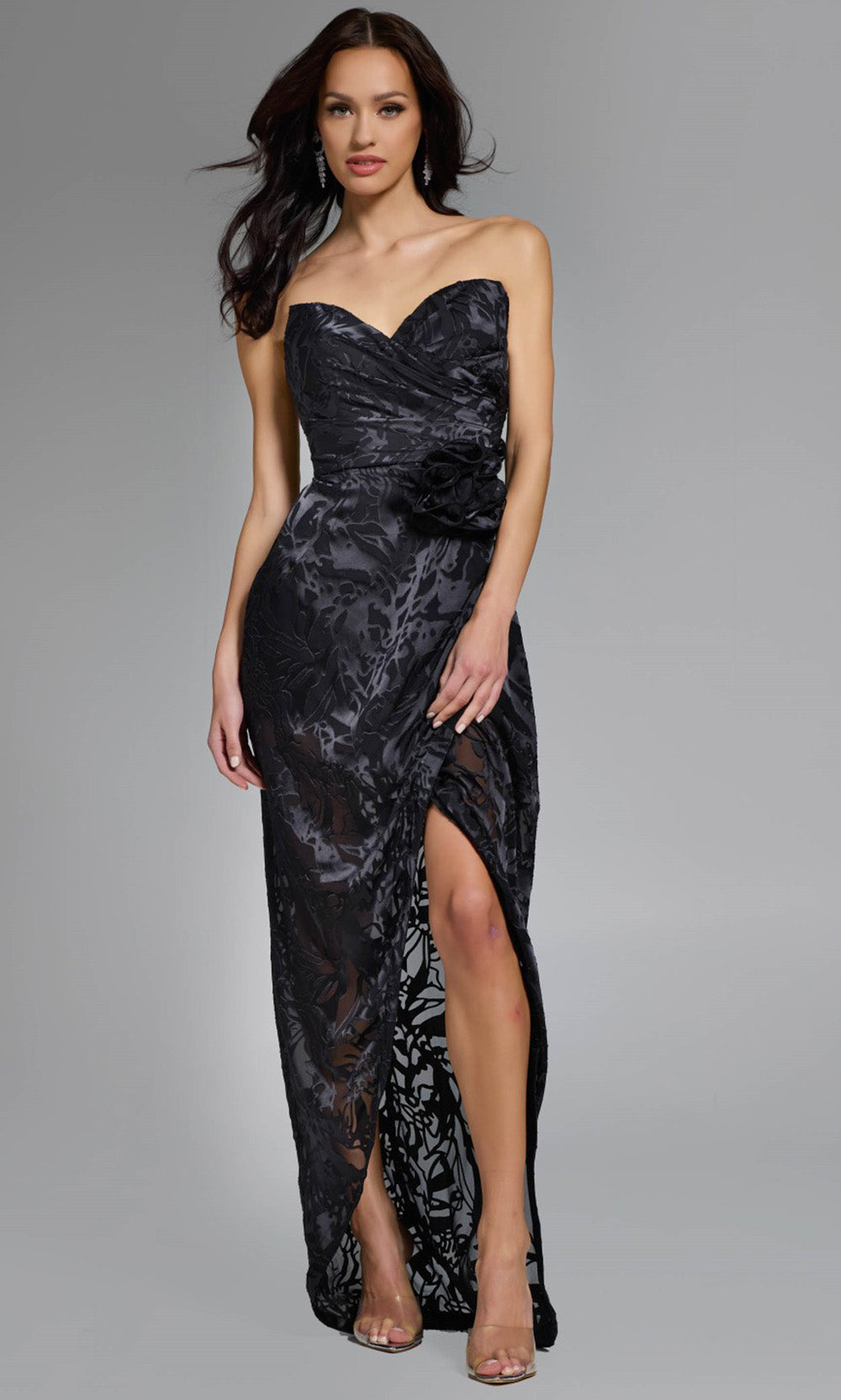 Jovani Floral Applique Slit Sheath Gown