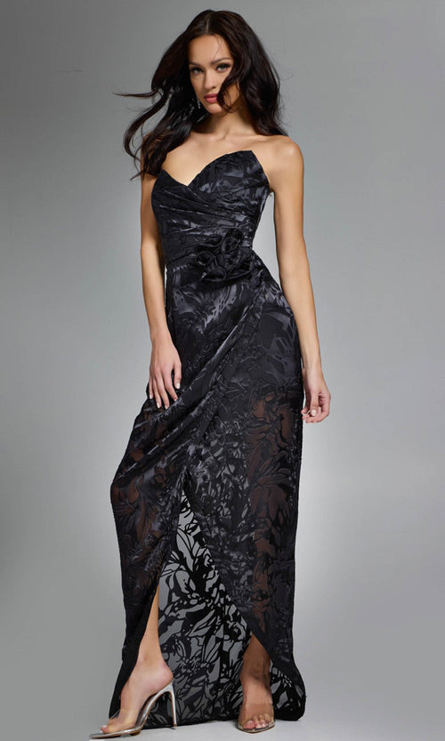 Jovani Floral Applique Slit Sheath Gown