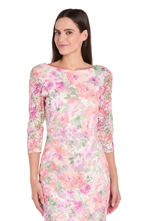 Ivory Blossom Floral Lace Sheath Dress with 3/4 Sleeve and Boat Neck by R&M Richards 4075