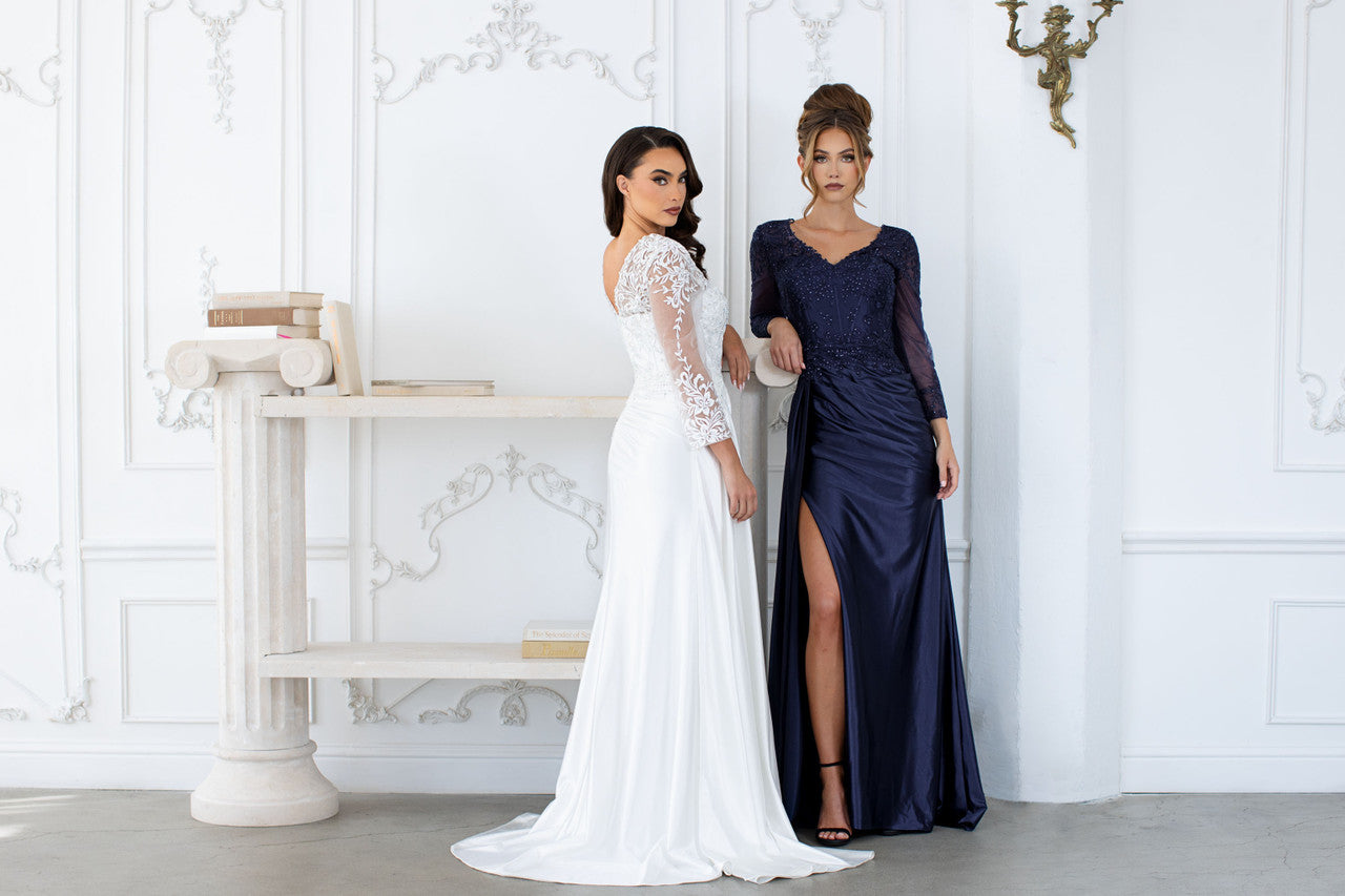 Elegant Lace Bodice Mother of the Bride Dress with 3/4 Sleeves V-Neck Dress by Lenovia 8366