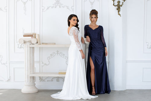 Elegant Lace Bodice Mother of the Bride Dress with 3/4 Sleeves V-Neck Dress by Lenovia 8366