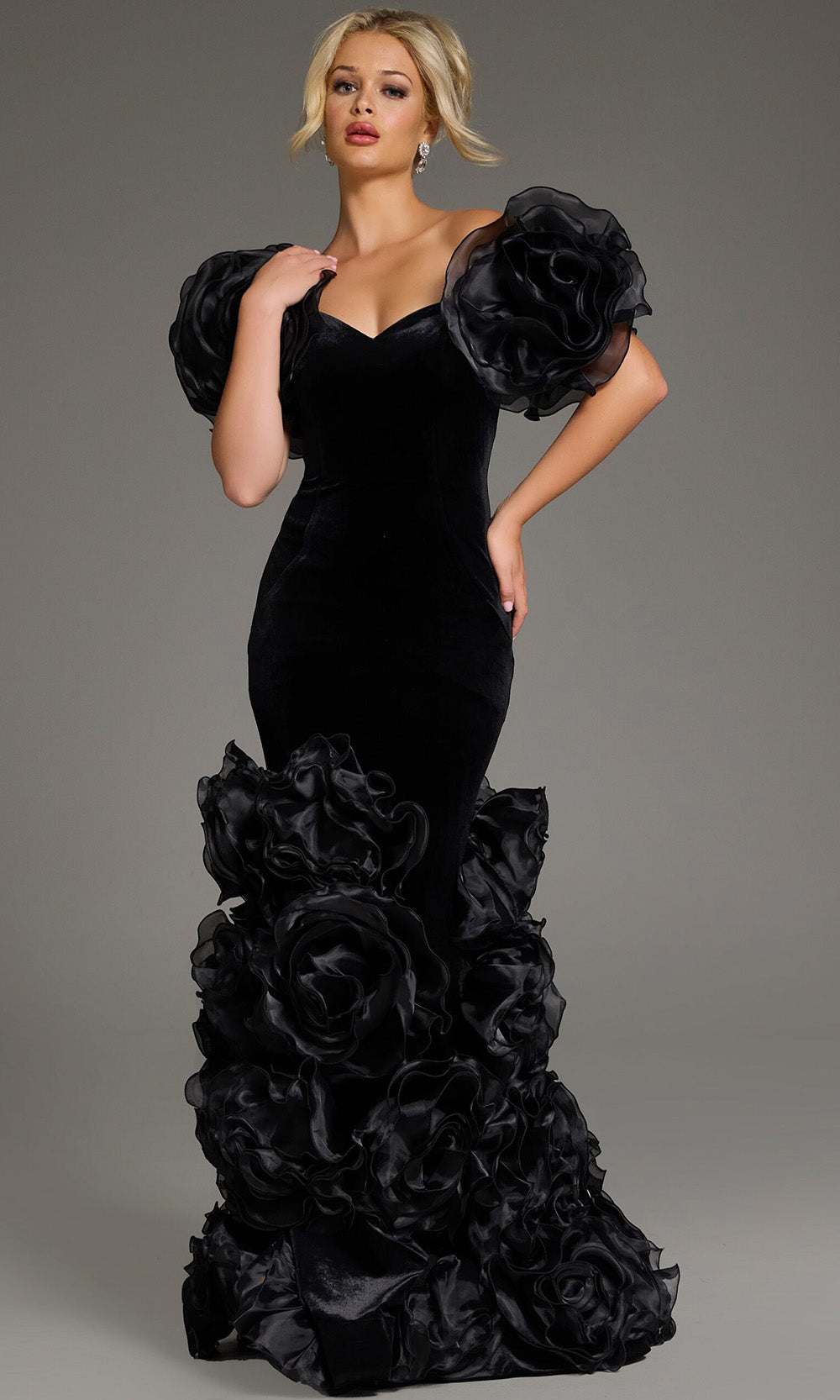 Mermaid Gown with Oversized Organza Rose Sleeves & Ruffled Floral Skirt Dress by Jovani 40843