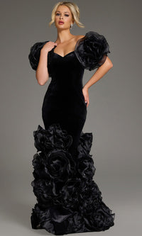 Mermaid Gown with Oversized Organza Rose Sleeves & Ruffled Floral Skirt Dress by Jovani 40843
