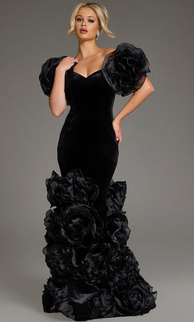 Mermaid Gown with Oversized Organza Rose Sleeves & Ruffled Floral Skirt Dress by Jovani 40843