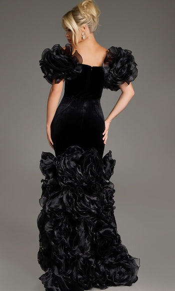 Jovani 40843 - Velvet Trumpet Gown with Floral Accents