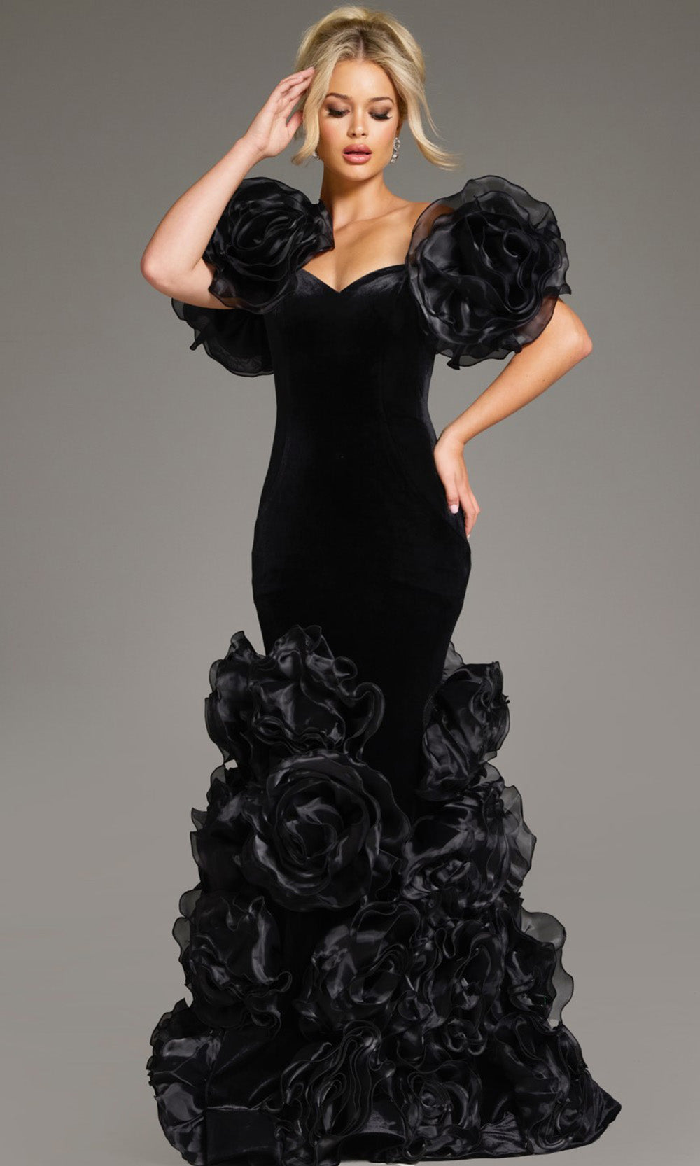Mermaid Gown with Oversized Organza Rose Sleeves & Ruffled Floral Skirt Dress by Jovani 40843