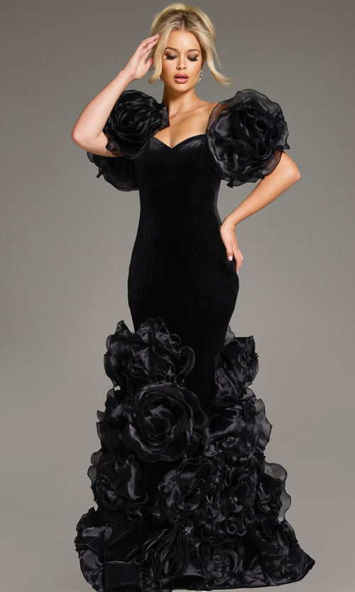 Mermaid Gown with Oversized Organza Rose Sleeves & Ruffled Floral Skirt Dress by Jovani 40843