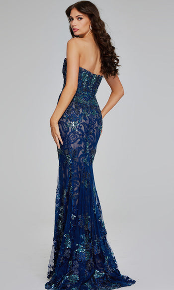 Jovani 40847 - Strapless Beaded Lace Evening Gown