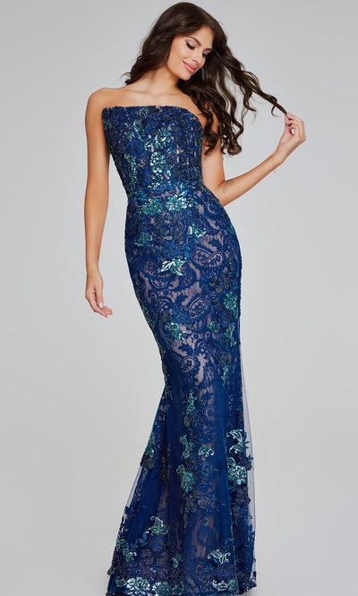 Jovani 40847 - Strapless Beaded Lace Evening Gown