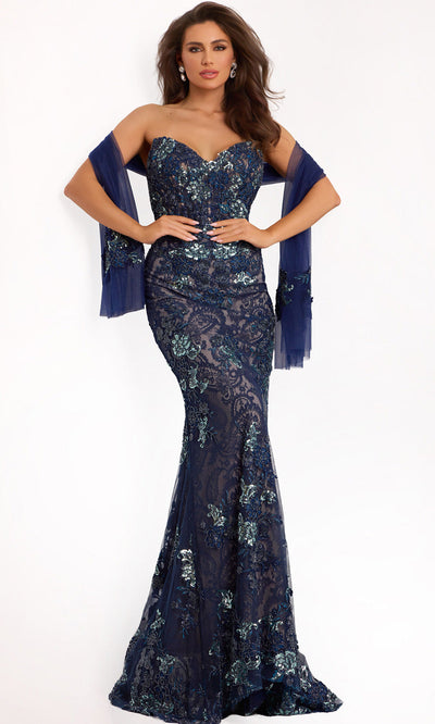 Jovani 40848 - Elegant Navy Lace Mermaid Gown
