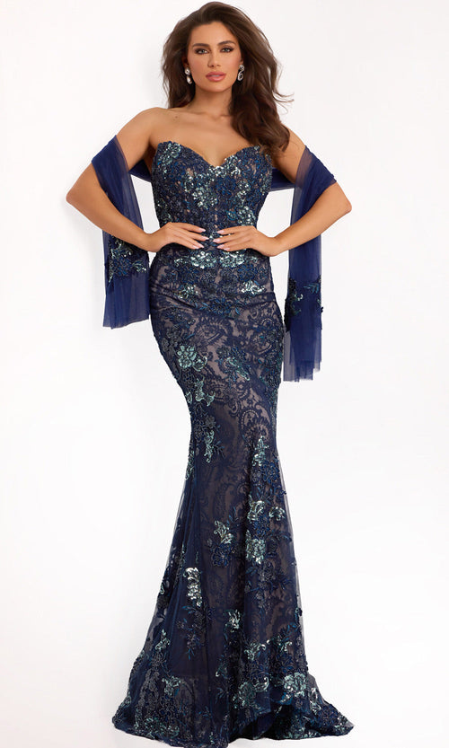 Jovani 40848 - Elegant Navy Lace Mermaid Gown