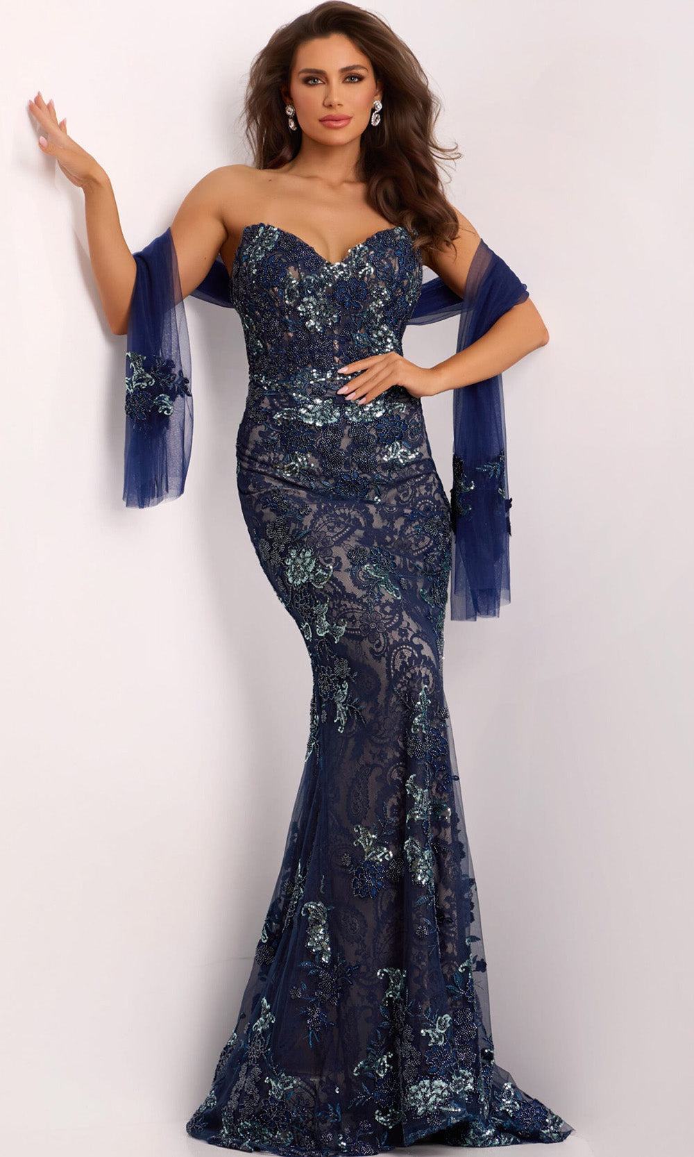 Jovani 40848 - Elegant Navy Lace Mermaid Gown