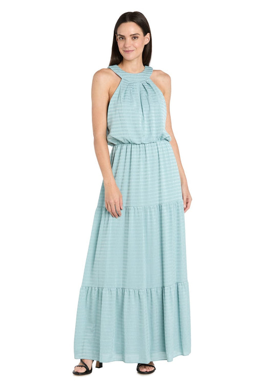Textured Halter Maxi Dress with Tiered Skirt with Halter Neck and Pleated Detail by R&M Richards 4086