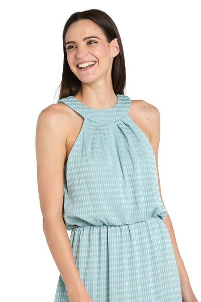 Textured Halter Maxi Dress with Tiered Skirt with Halter Neck and Pleated Detail by R&M Richards 4086