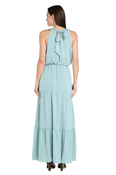 Textured Halter Maxi Dress with Tiered Skirt with Halter Neck and Pleated Detail by R&M Richards 4086