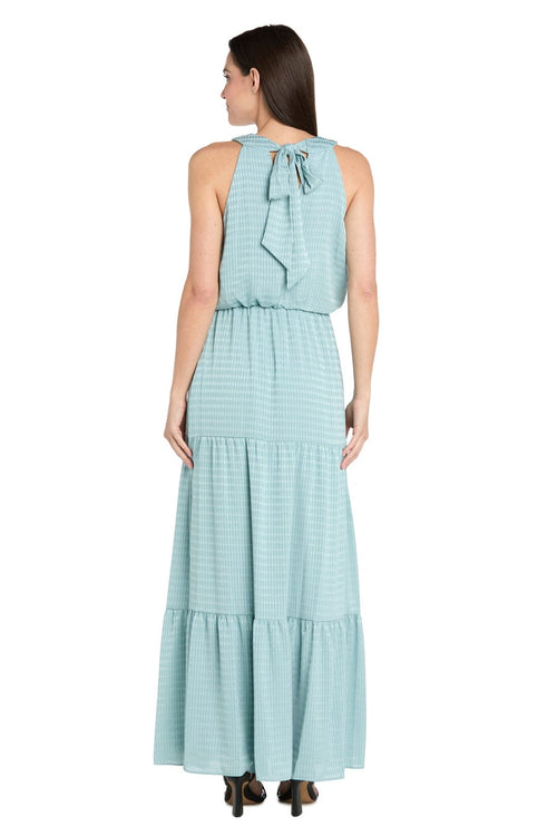 Textured Halter Maxi Dress with Tiered Skirt with Halter Neck and Pleated Detail by R&M Richards 4086