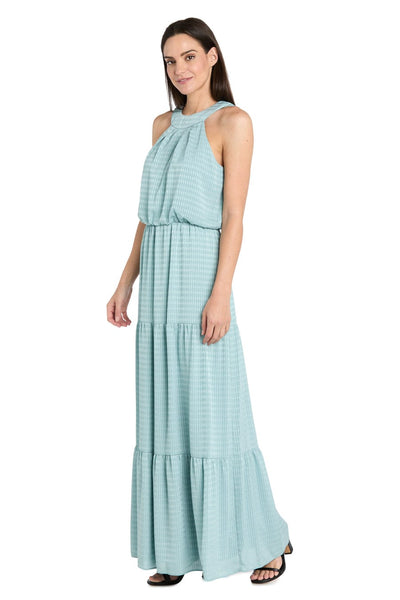Textured Halter Maxi Dress with Tiered Skirt with Halter Neck and Pleated Detail by R&M Richards 4086
