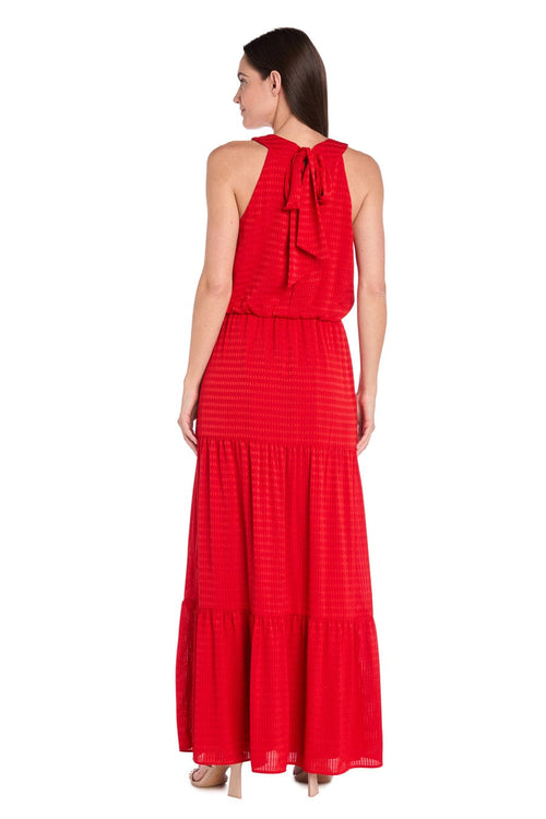 Textured Halter Maxi Dress with Tiered Skirt with Halter Neck and Pleated Detail by R&M Richards 4086