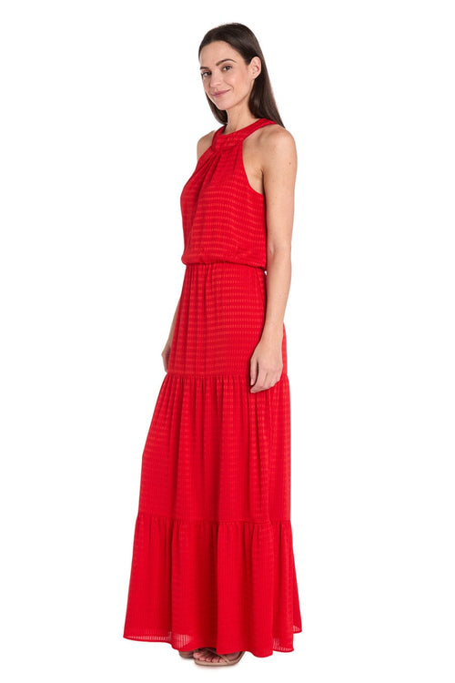 Textured Halter Maxi Dress with Tiered Skirt with Halter Neck and Pleated Detail by R&M Richards 4086