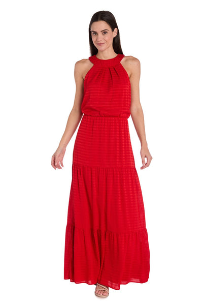Textured Halter Maxi Dress with Tiered Skirt with Halter Neck and Pleated Detail by R&M Richards 4086