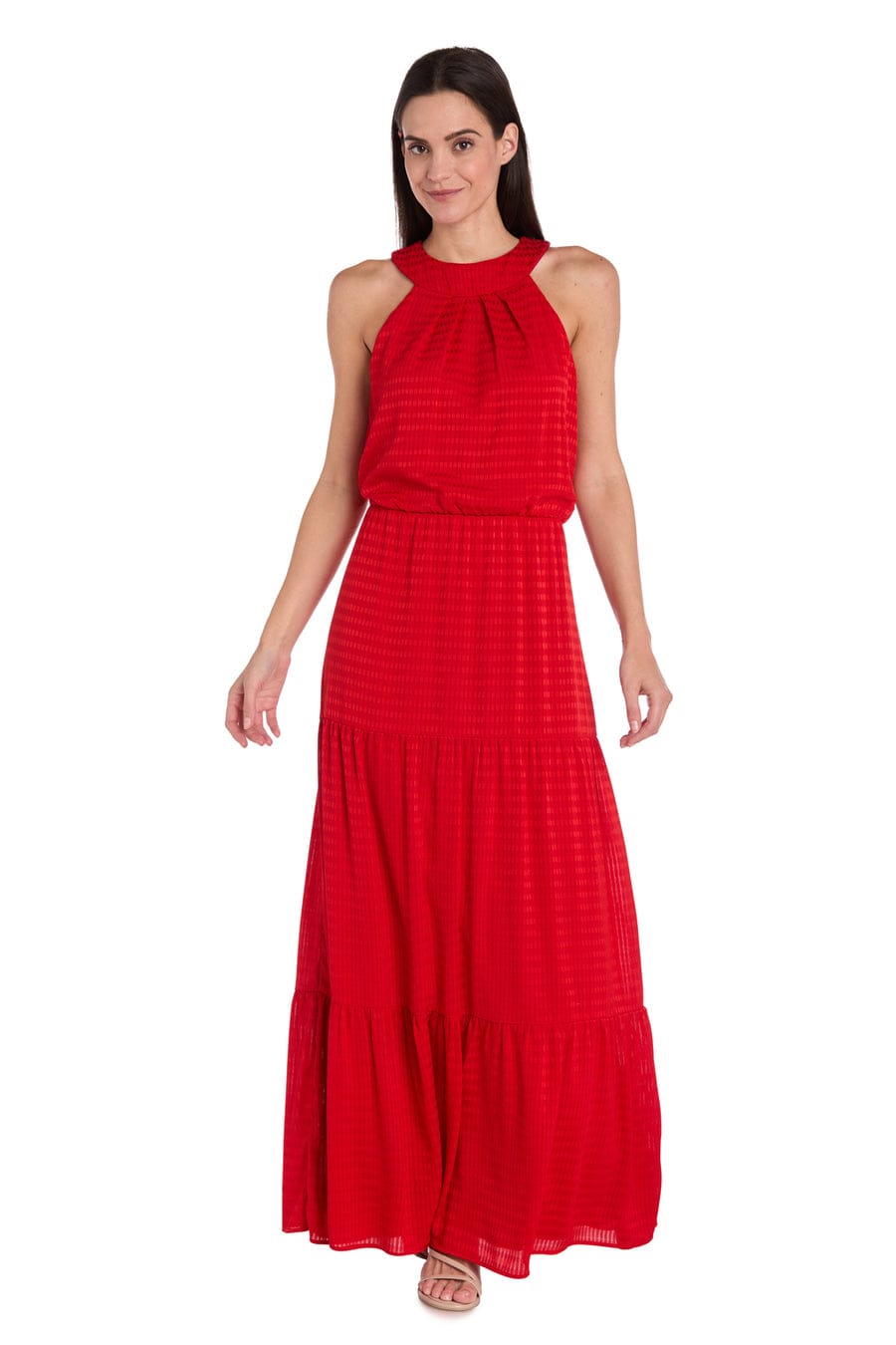 Textured Halter Maxi Dress with Tiered Skirt with Halter Neck and Pleated Detail by R&M Richards 4086