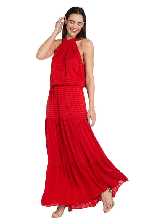 Textured Halter Maxi Dress with Tiered Skirt with Halter Neck and Pleated Detail by R&M Richards 4086