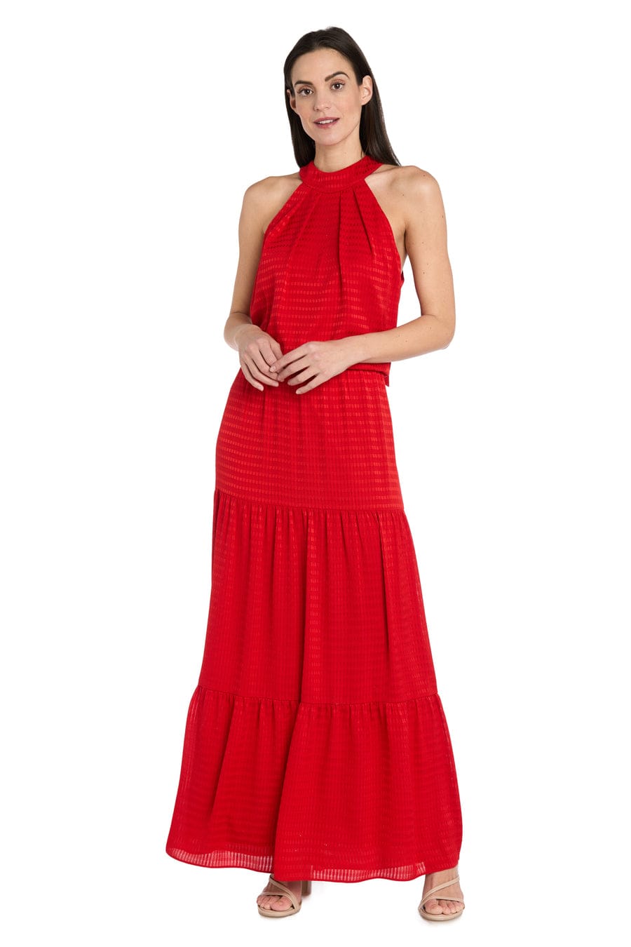 Textured Halter Maxi Dress with Tiered Skirt with Halter Neck and Pleated Detail by R&M Richards 4086