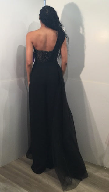 Jovani 40933 - One Shoulder Jumpsuit with Tulle Overlay