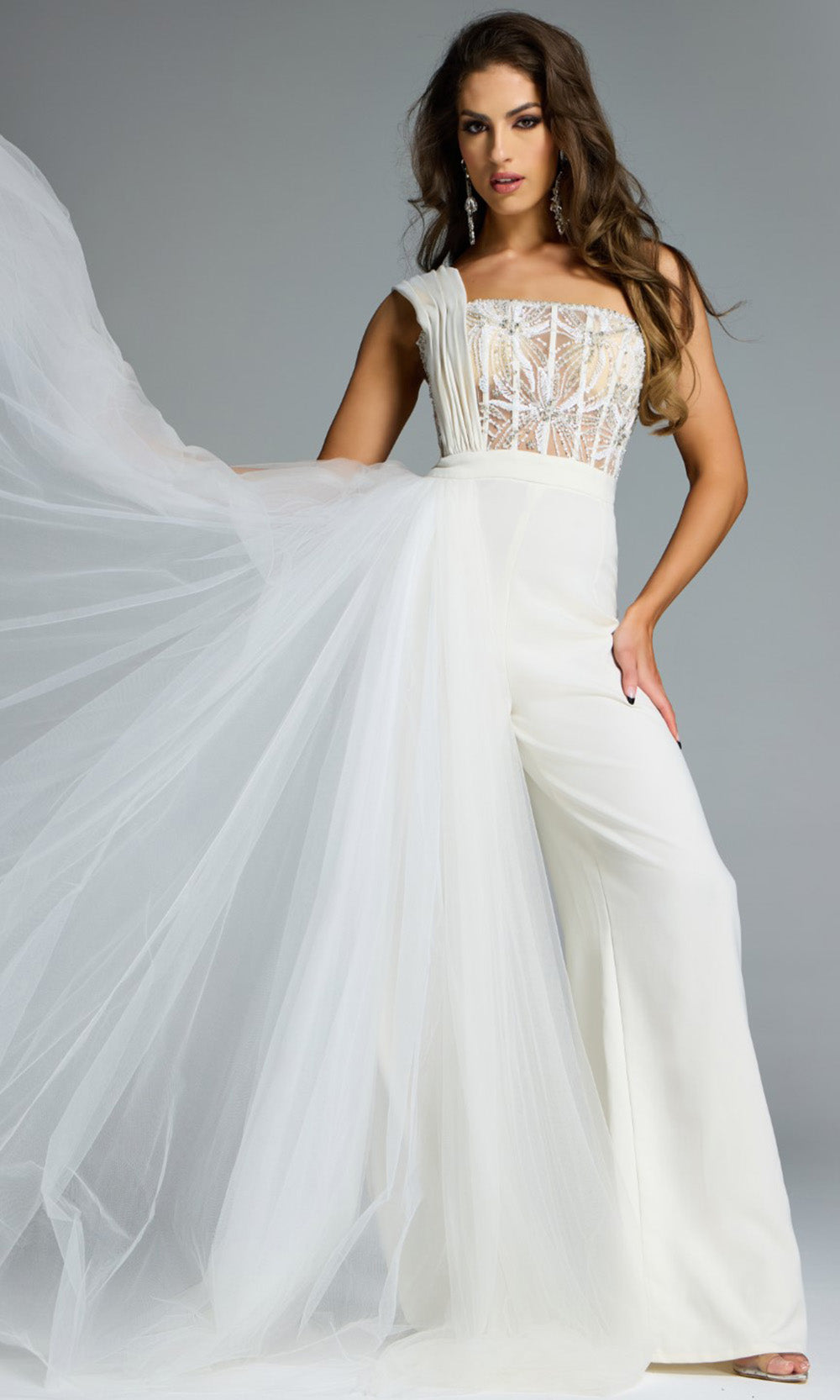 Jovani 40933 - One Shoulder Jumpsuit with Tulle Overlay