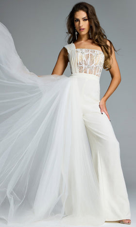 Jovani 40933 - One Shoulder Jumpsuit with Tulle Overlay