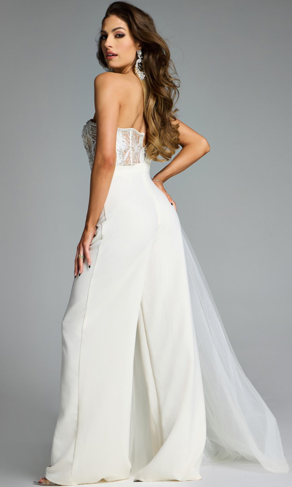 Jovani 40933 - One Shoulder Jumpsuit with Tulle Overlay