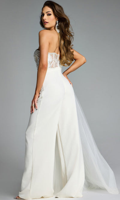 Jovani 40933 - One Shoulder Jumpsuit with Tulle Overlay