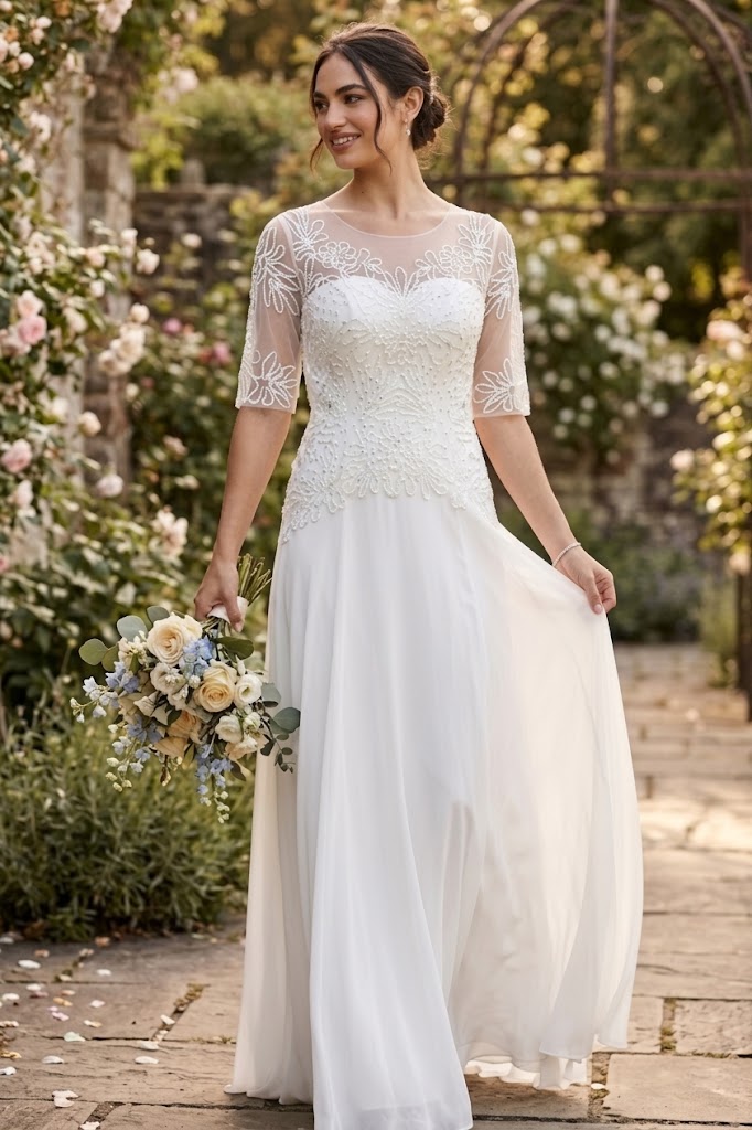 White Beaded Lace Bridal Gown with Sheer Sleeves and Flowing Chiffon Skirt By Eva USA 5222