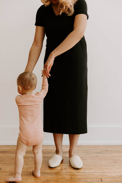 Black Tea Length Maternity Short Sleeve Everyday Breastfeeding Dress with Panel