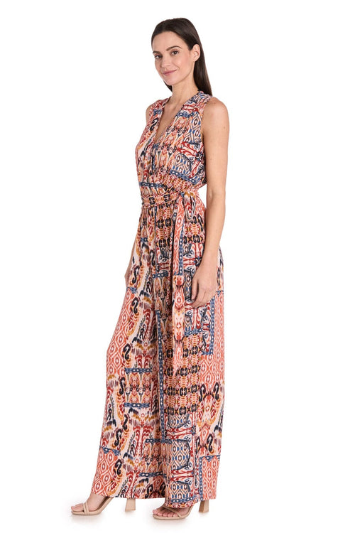 Copper Denim Sleeveless Printed Wide-Leg Jumpsuit with V-Neck and Wide Leg Pant by R&M Richards 4102