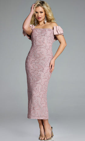 Jovani 41044 Bow Sleeve Off Shoulder Midi Dress