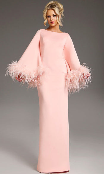 Jovani 41077 - Bell Sleeve Column Gown with Feather Trim
