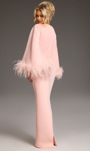 Jovani 41077 - Bell Sleeve Column Gown with Feather Trim
