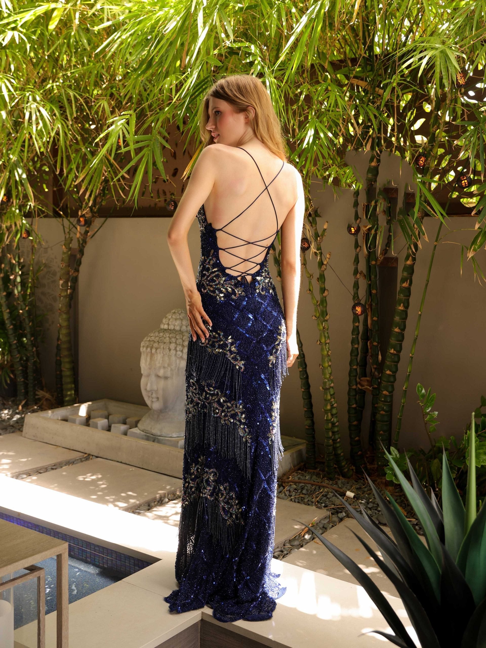 Primavera Couture 4111 Long Beaded Fringe Prom Formal Dress
