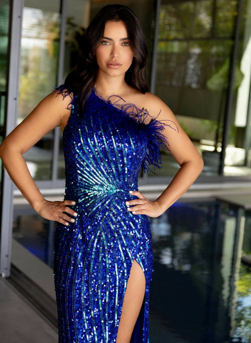 Primavera Couture 4112 Long Sequin Feather Formal Dress