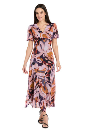 Black Multi Floral V-Neck Midi Dress with Flutter Sleeves with Short Sleeve by R&M Richards 4161