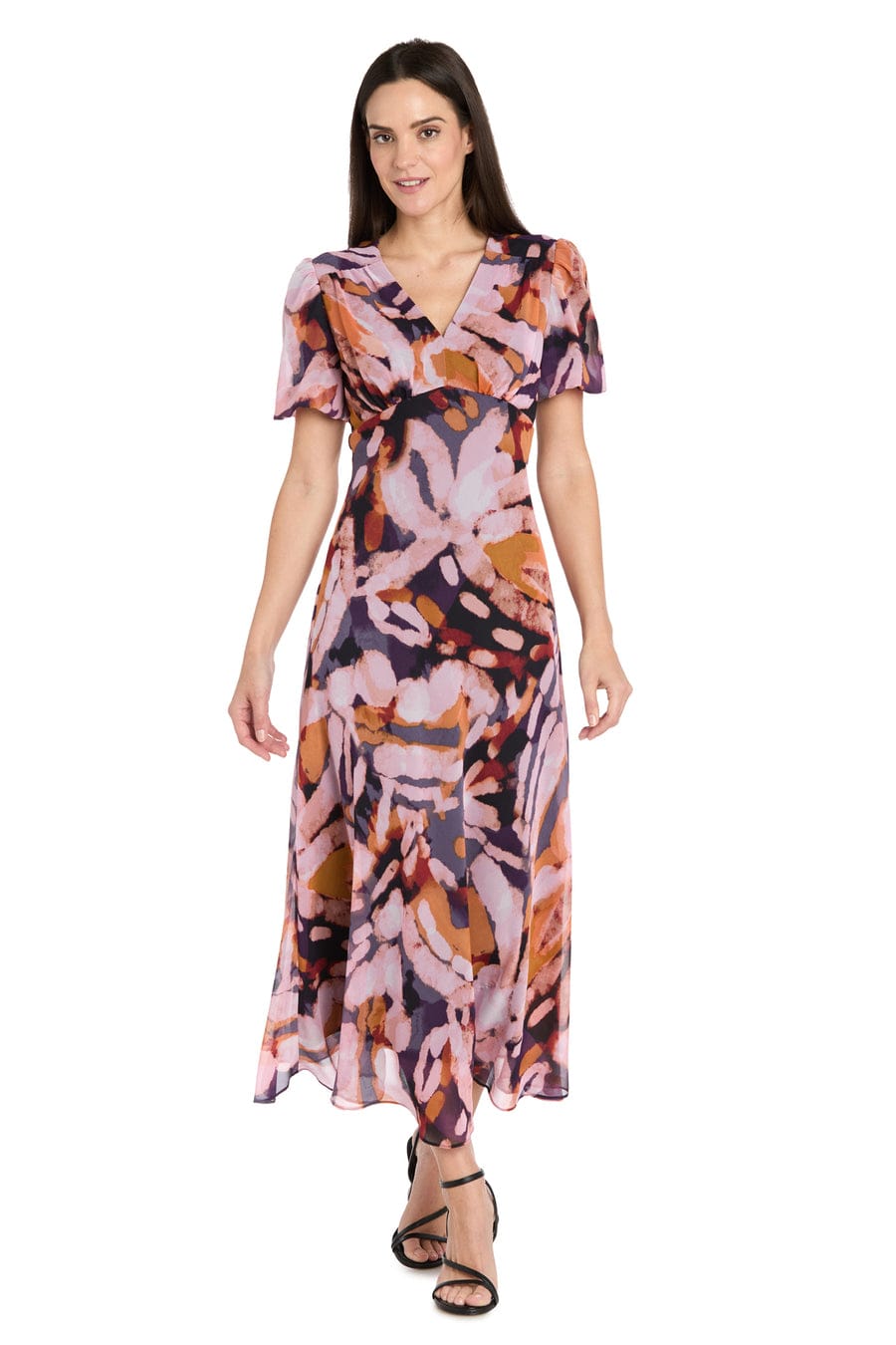 Black Multi Floral V-Neck Midi Dress with Flutter Sleeves with Short Sleeve by R&M Richards 4161