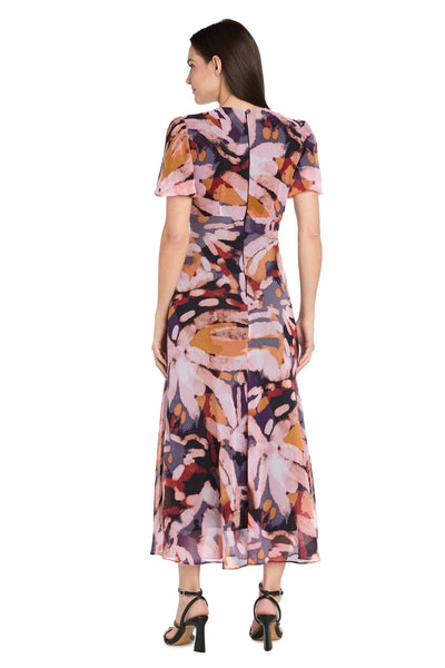 Black Multi Floral V-Neck Midi Dress with Flutter Sleeves with Short Sleeve by R&M Richards 4161