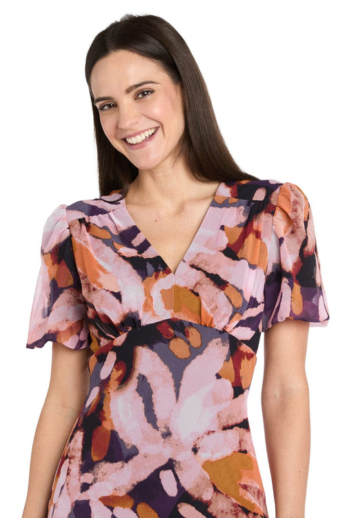 Black Multi Floral V-Neck Midi Dress with Flutter Sleeves with Short Sleeve by R&M Richards 4161