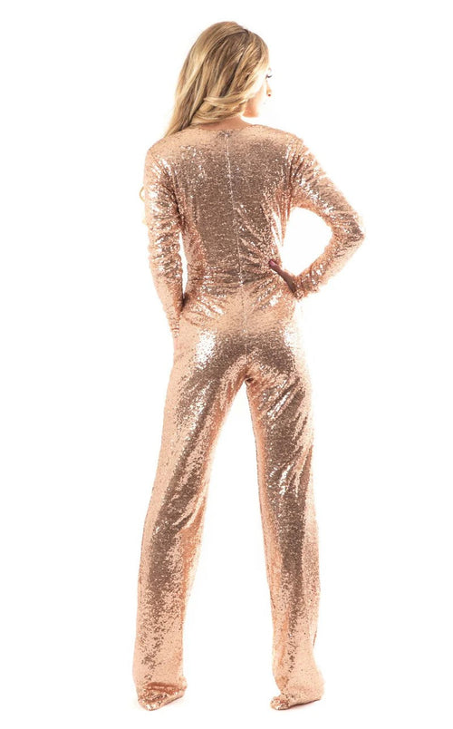 Jessica Angel JA417 V-Neck Long Sleeve Straight-Leg Jersey Sequin Jumpsuit