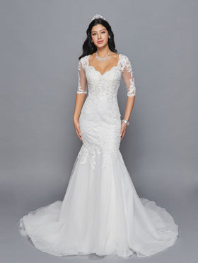 DeKlaire 418 Mermaid Wedding Dress with V-Neckline, Mid-Length Sleeves & Court Train