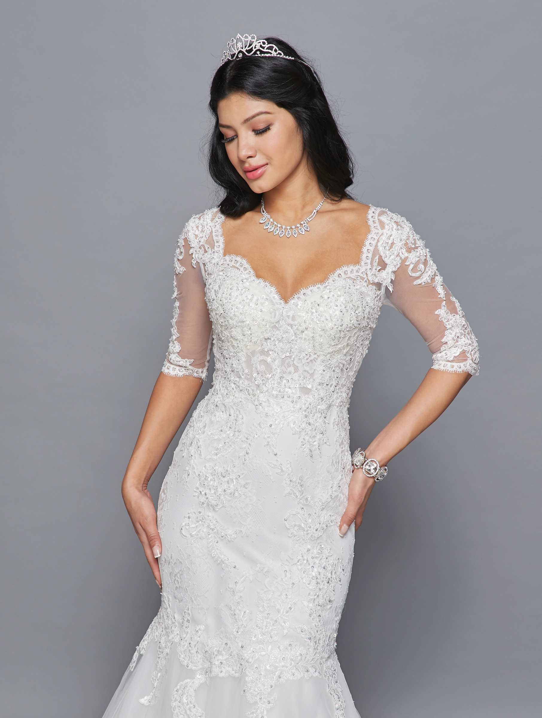 DeKlaire Bridal 418 Mid Length Sleeve V-Neckline Mermaid Court Train Wedding Dress